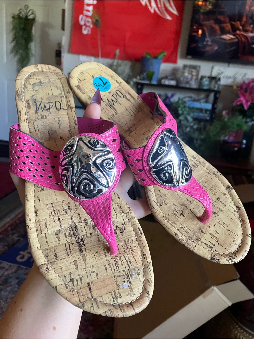 Grana Hot Pink Cork-Thong Sandals with Metallic Medallions